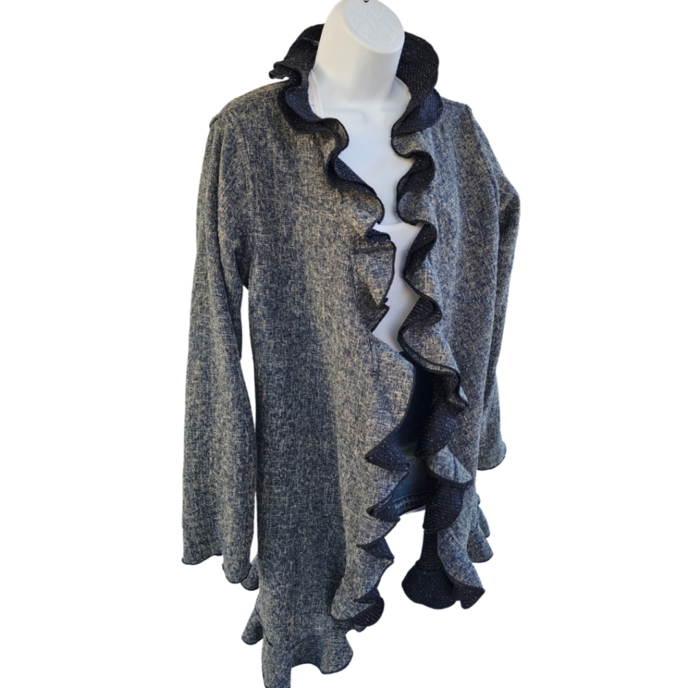 Beluva 2-in-1 Reversible Ruffle Black & White or Blue Tweed 3/4 Jacket - size L